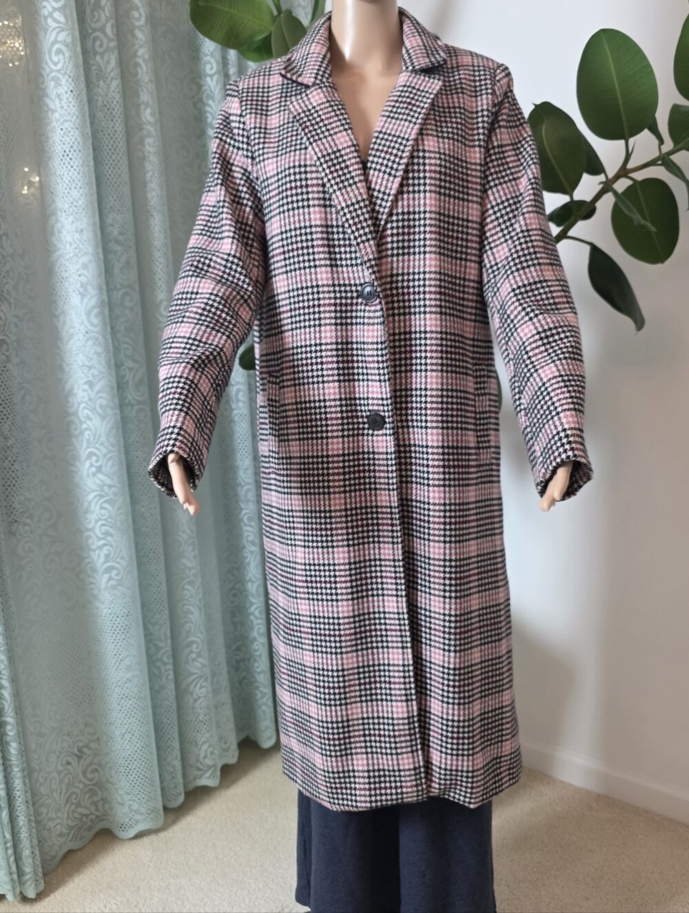Pink Black Plaid Longline Coat Jacket Size M - Picture 8 of 8